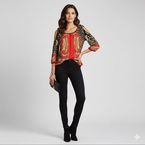 Eva Varro Cold Shoulder 3/4 Sleeves Paisley Top Red Small